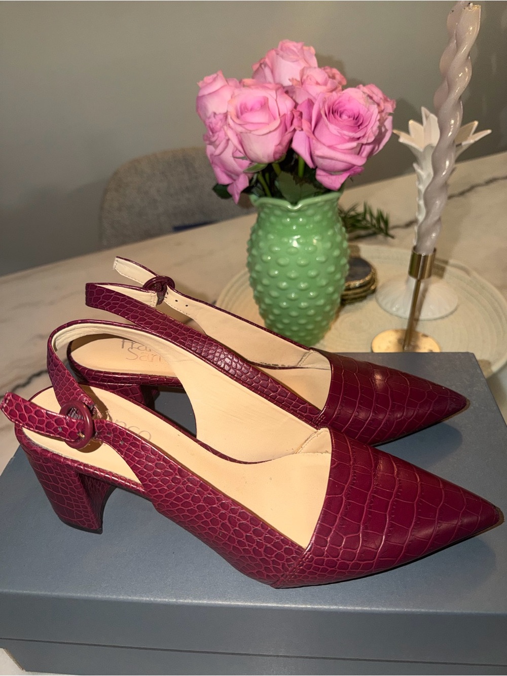 Franco Sarto Women's Burgundy Croc-Embossed Slingback Pointed Heels